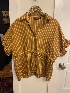 Zara Mustard and White Striped Tie-Front Tunic